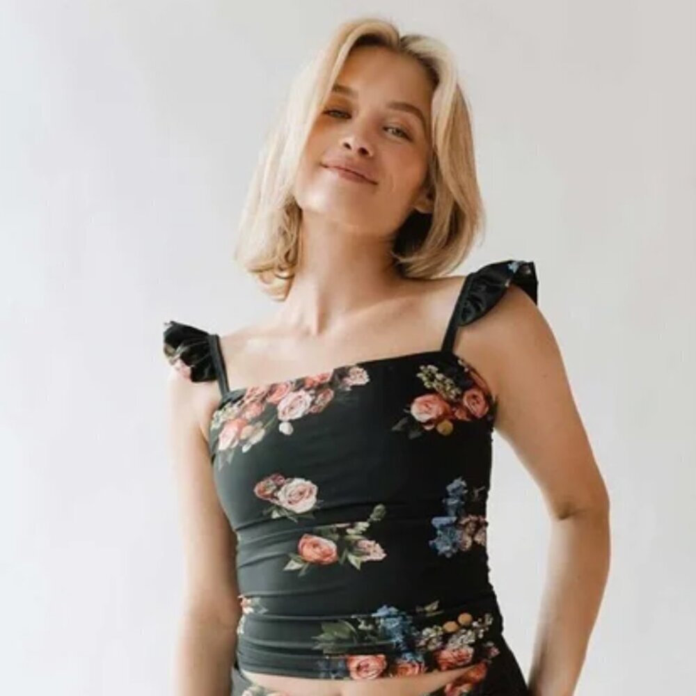 NWOT Albion Swim Bella Black Rose Floral Ruffle Tankini Top Size Large
